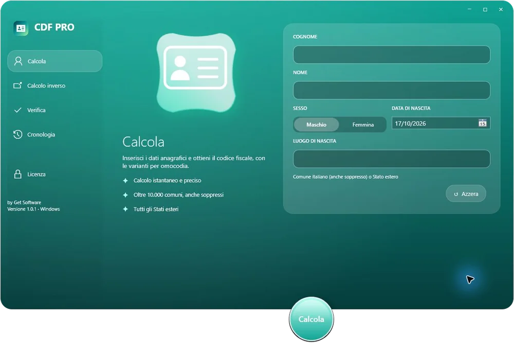 CDF PRO - calcolo e verifica del Codice Fiscale italiano per Windows