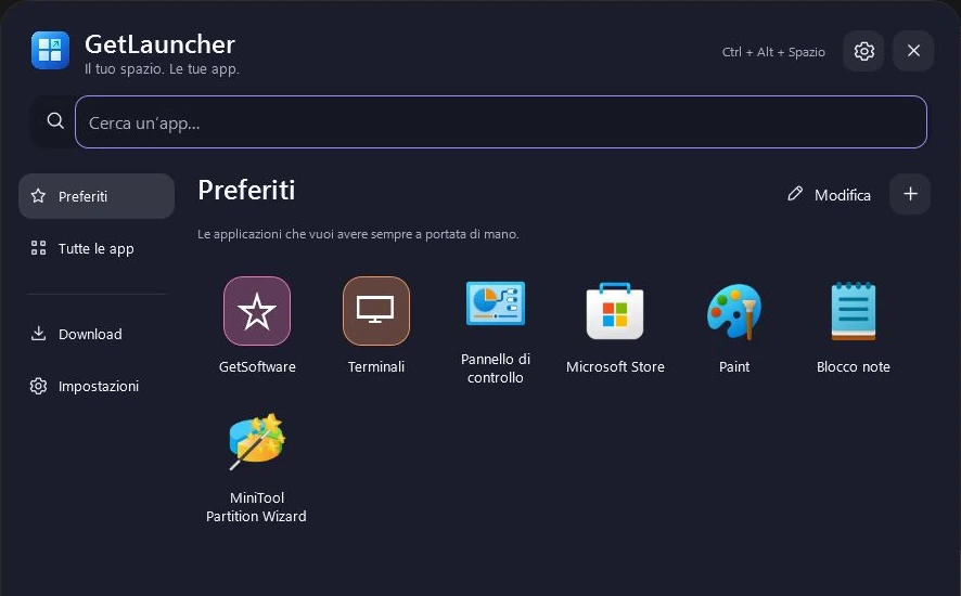 Screenshot reale del menu Start GetLauncher per Windows con Preferiti, ricerca e cartelle