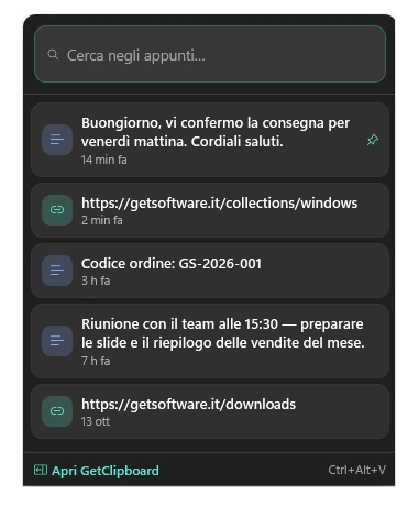 GetClipboard Windows – menu rapido dall’icona vicino all’orologio