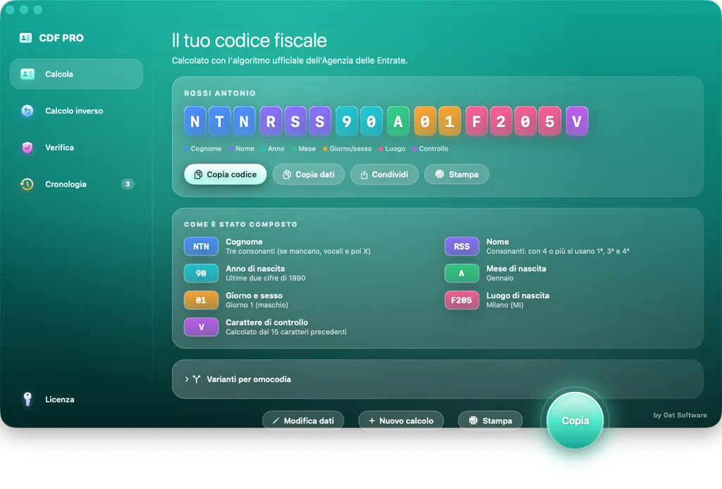 CDF PRO - calcolo e verifica del Codice Fiscale italiano per Mac